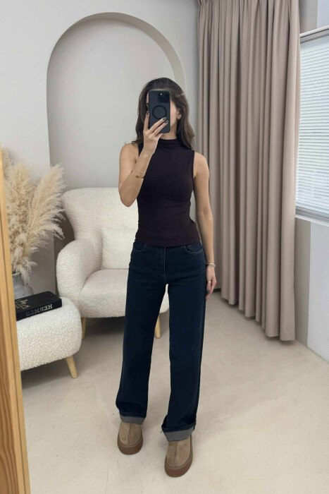 HIGH NECK ONE COLOR WOMEN TANK TOP DARK BROWN/KAE - 1