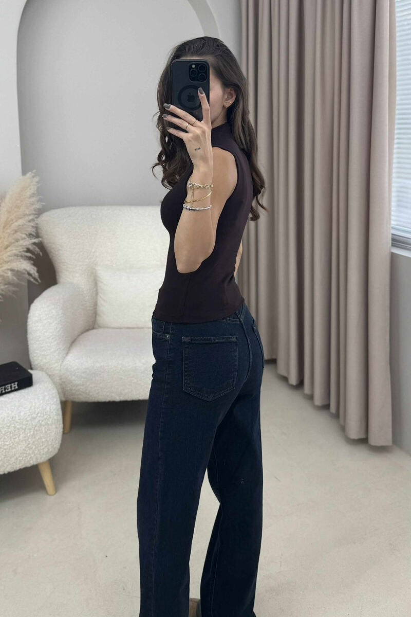 HIGH NECK ONE COLOR WOMEN TANK TOP DARK BROWN/KAE - 2