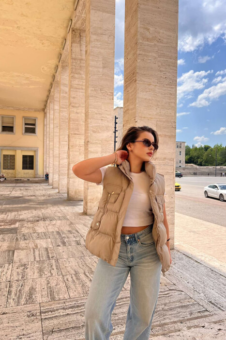 HIGH NECK ONE COLOR ZIPPER DETAILS WOMEN VEST BEIGE/BEZHE - 2