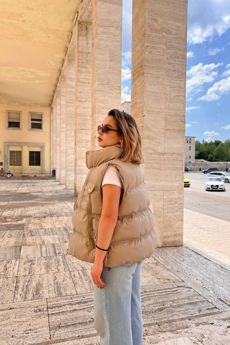 HIGH NECK ONE COLOR ZIPPER DETAILS WOMEN VEST BEIGE/BEZHE - 3