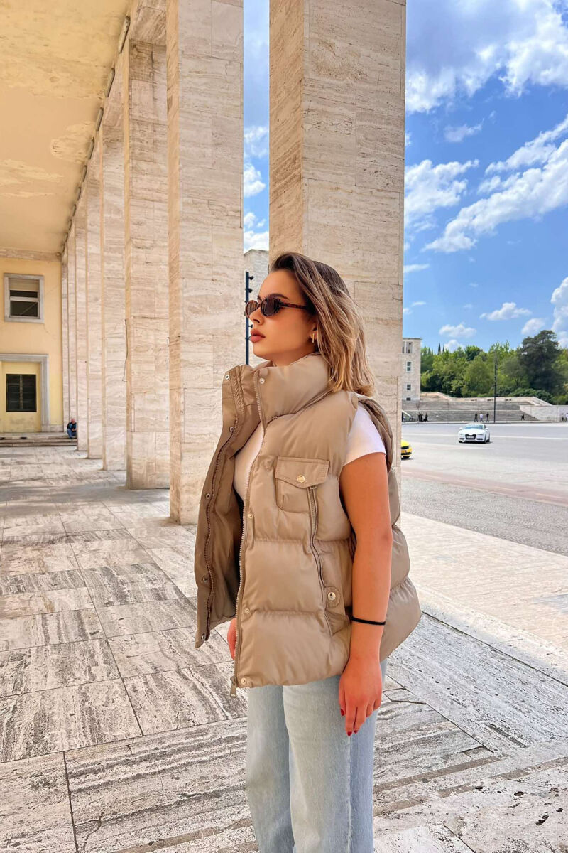 HIGH NECK ONE COLOR ZIPPER DETAILS WOMEN VEST BEIGE/BEZHE - 4