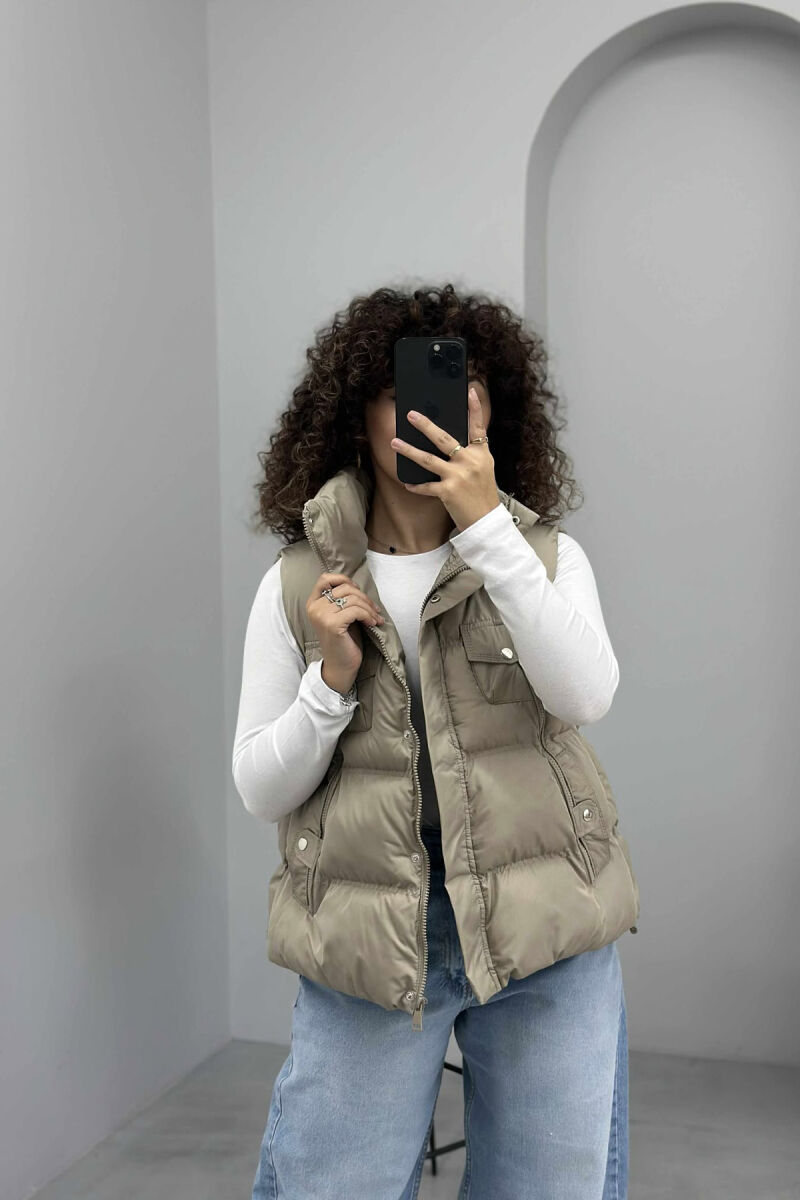 HIGH NECK ONE COLOR ZIPPER DETAILS WOMEN VEST BEIGE/BEZHE - 1