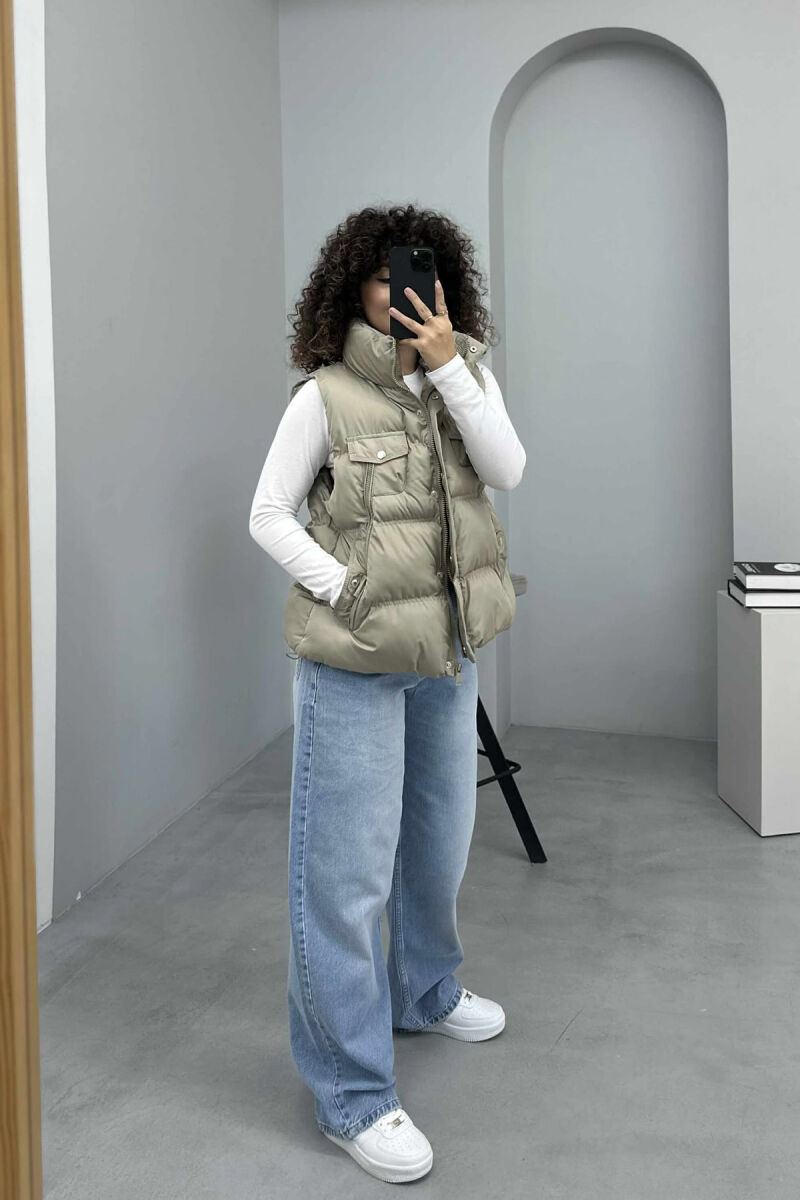 HIGH NECK ONE COLOR ZIPPER DETAILS WOMEN VEST BEIGE/BEZHE - 3