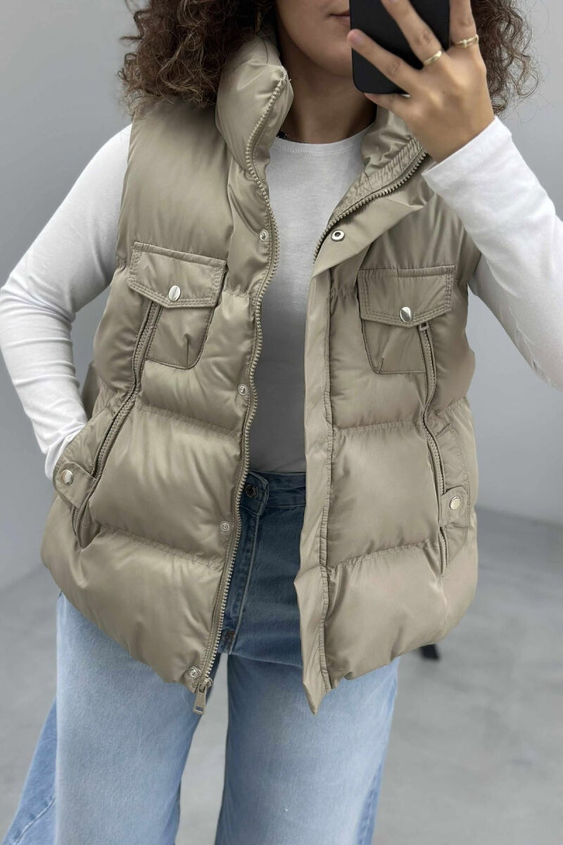 HIGH NECK ONE COLOR ZIPPER DETAILS WOMEN VEST BEIGE/BEZHE - 4