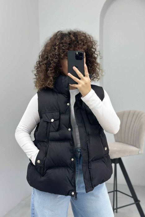 HIGH NECK ONE COLOR ZIPPER DETAILS WOMEN VEST BLACK/ E ZEZE - 2