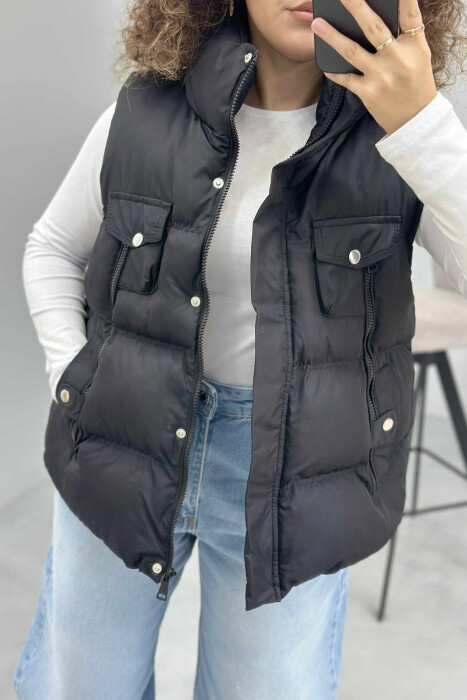 HIGH NECK ONE COLOR ZIPPER DETAILS WOMEN VEST BLACK/ E ZEZE - 3
