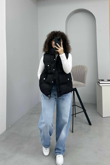 HIGH NECK ONE COLOR ZIPPER DETAILS WOMEN VEST BLACK/ E ZEZE - KLAUDIO FASHION