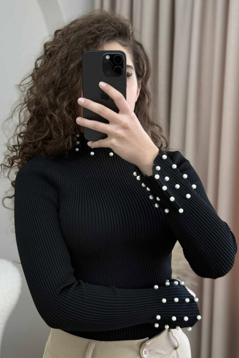 HIGH NECK PEARL DETAILS WOMEN SWEATER BLACK/ E ZEZE - 2