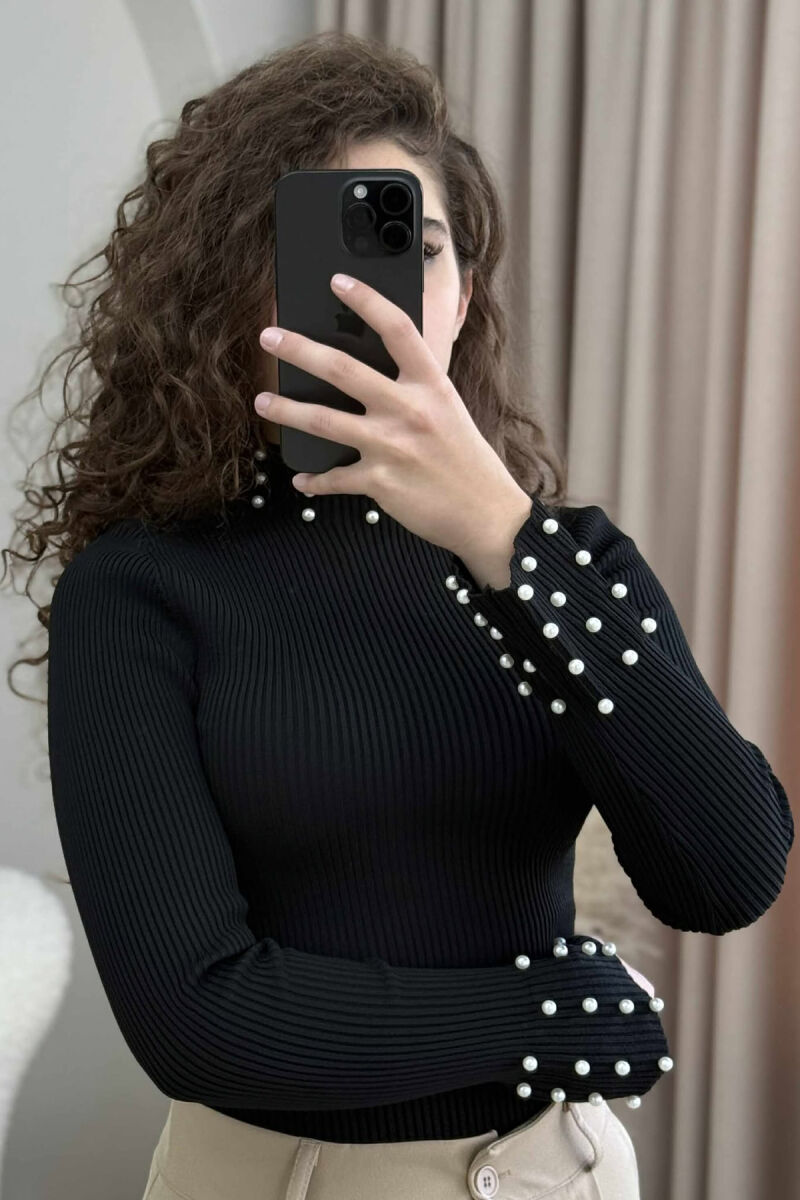 HIGH NECK PEARL DETAILS WOMEN SWEATER BLACK/ E ZEZE - 2