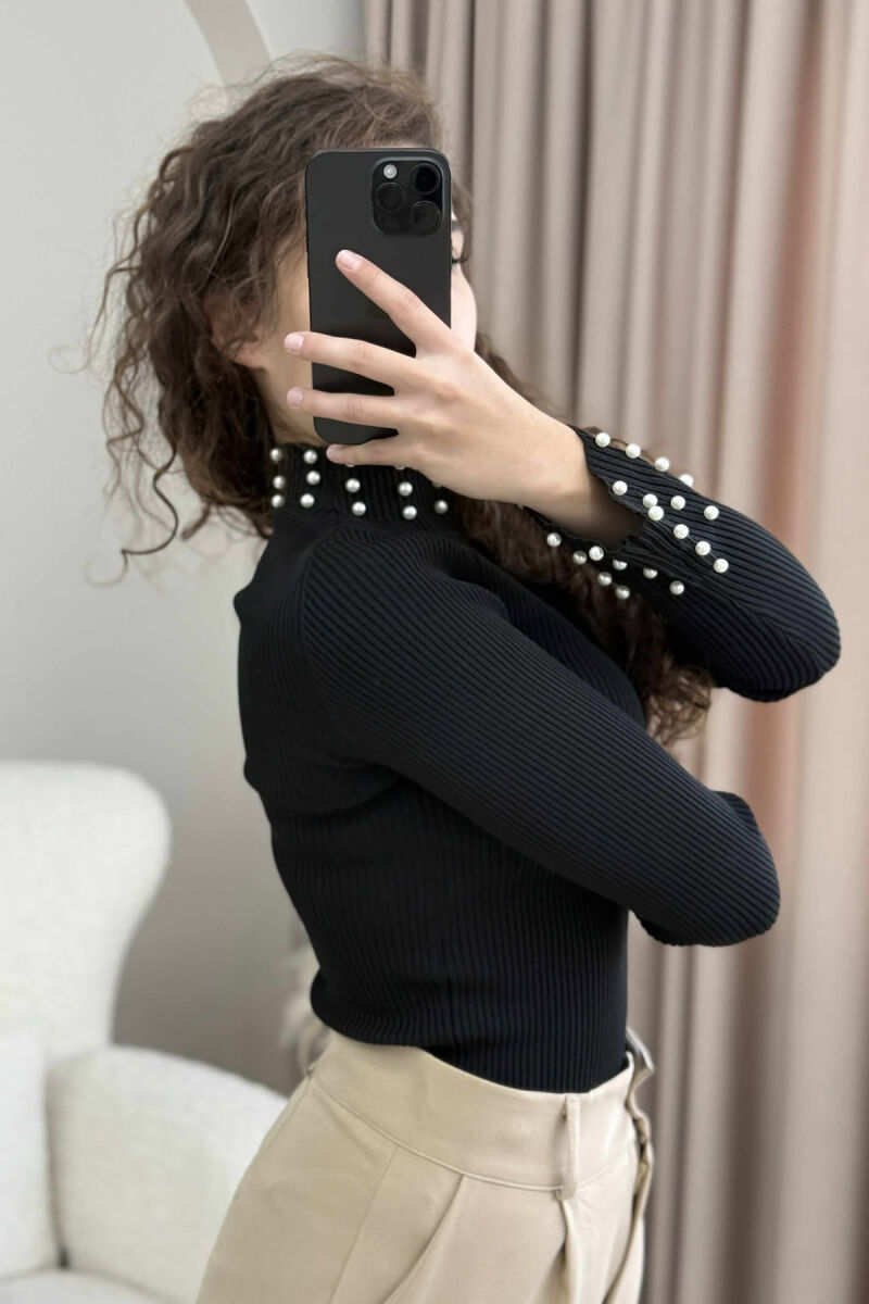 HIGH NECK PEARL DETAILS WOMEN SWEATER BLACK/ E ZEZE - 3