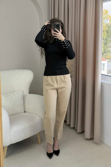 HIGH NECK PEARL DETAILS WOMEN SWEATER BLACK/ E ZEZE - 4