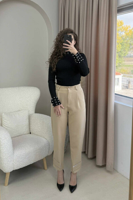 HIGH NECK PEARL DETAILS WOMEN SWEATER BLACK/ E ZEZE 