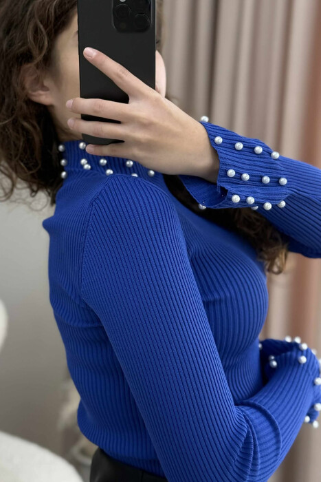 HIGH NECK PEARL DETAILS WOMEN SWEATER BLUE/BLU - 5