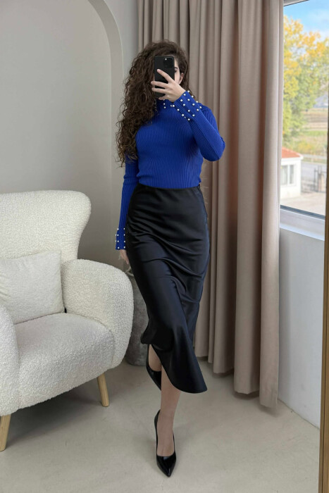 HIGH NECK PEARL DETAILS WOMEN SWEATER BLUE/BLU - 1