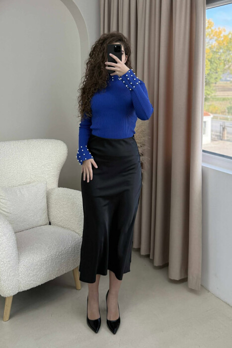 HIGH NECK PEARL DETAILS WOMEN SWEATER BLUE/BLU - 2