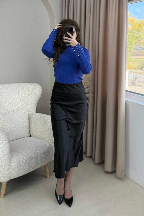 HIGH NECK PEARL DETAILS WOMEN SWEATER BLUE/BLU - 3