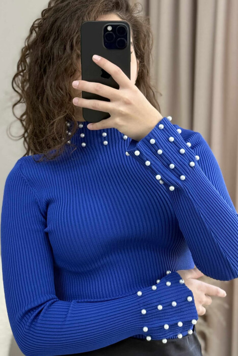 HIGH NECK PEARL DETAILS WOMEN SWEATER BLUE/BLU - 4