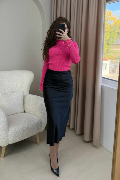 HIGH NECK PEARL DETAILS WOMEN SWEATER PINK/ROZE - 1