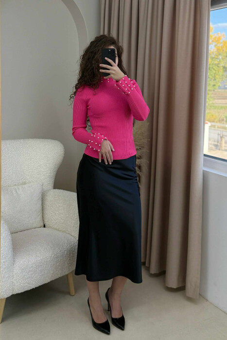 HIGH NECK PEARL DETAILS WOMEN SWEATER PINK/ROZE - 3