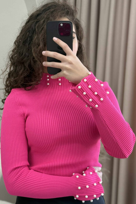 HIGH NECK PEARL DETAILS WOMEN SWEATER PINK/ROZE - 4