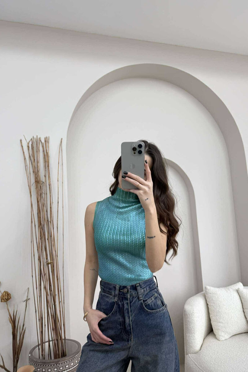 HIGH NECK SHINNY MATERIAL WOMEN TANK TOP BLUE STONE/GK - 1