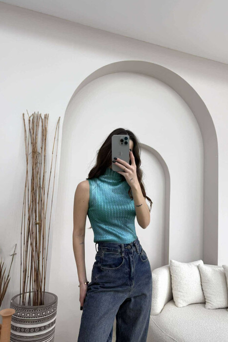 HIGH NECK SHINNY MATERIAL WOMEN TANK TOP BLUE STONE/GK - 2