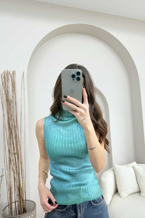 HIGH NECK SHINNY MATERIAL WOMEN TANK TOP BLUE STONE/GK - 4
