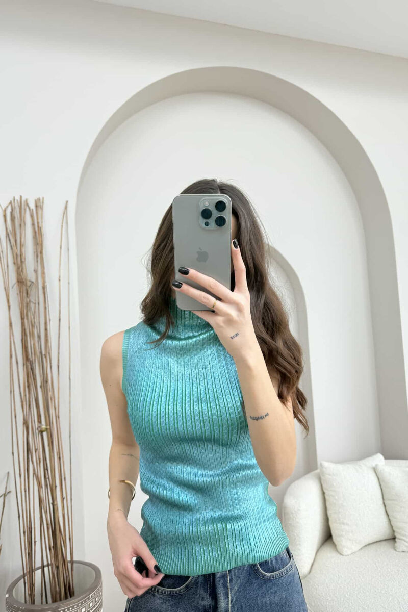 HIGH NECK SHINNY MATERIAL WOMEN TANK TOP BLUE STONE/GK - 4