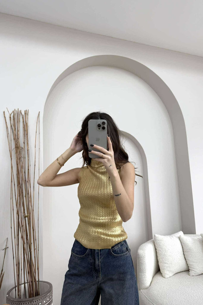 HIGH NECK SHINNY MATERIAL WOMEN TANK TOP GOLDEN ROD/GOLD - 3