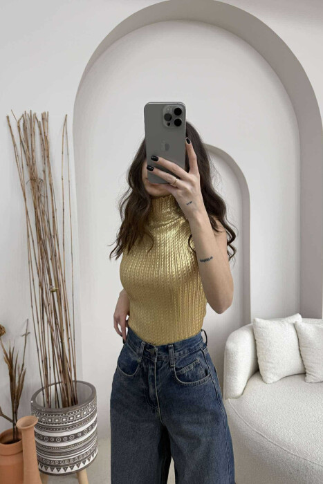 HIGH NECK SHINNY MATERIAL WOMEN TANK TOP GOLDEN ROD/GOLD - 4