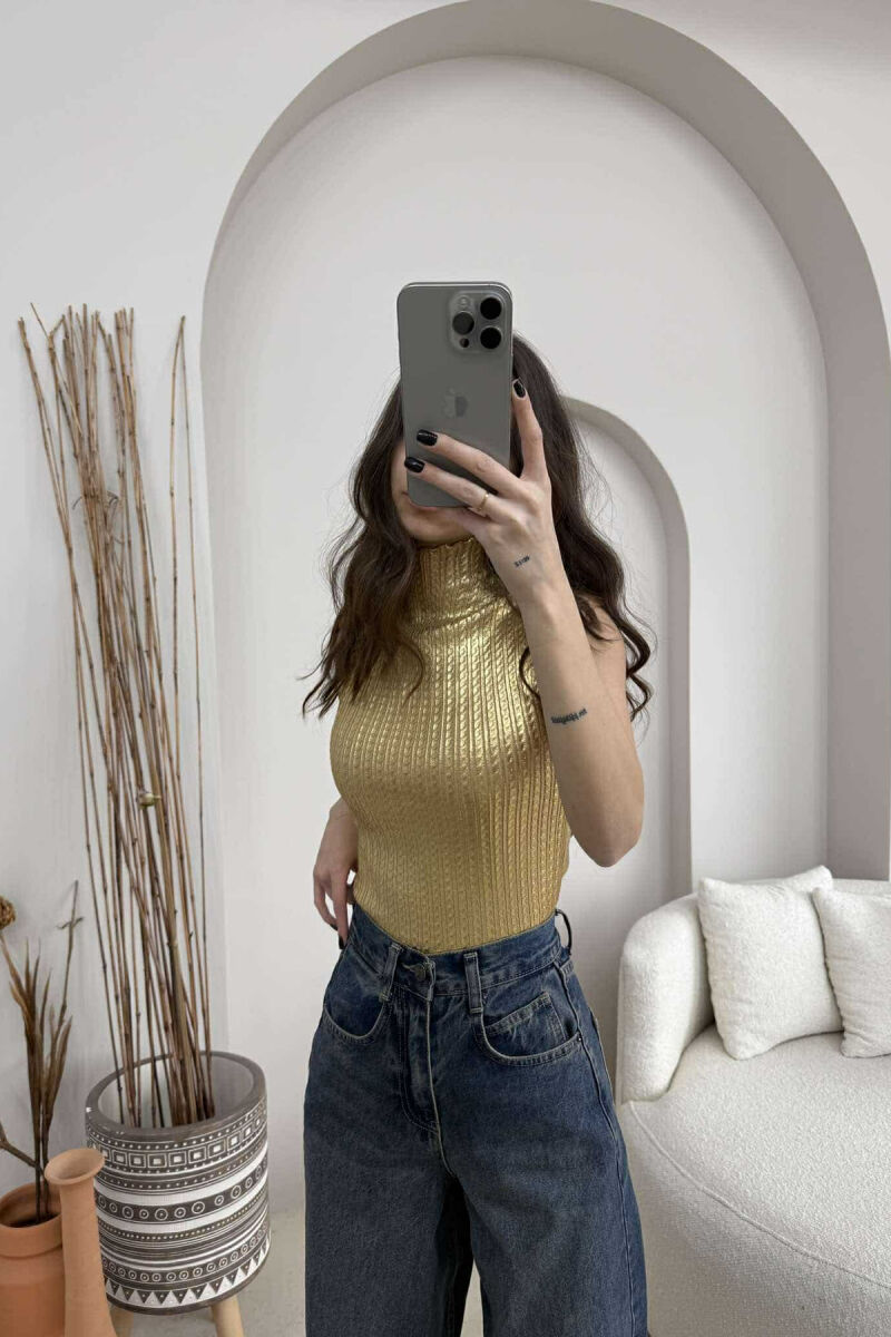HIGH NECK SHINNY MATERIAL WOMEN TANK TOP GOLDEN ROD/GOLD - 4
