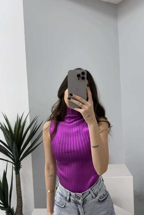 HIGH NECK SHINNY MATERIAL WOMEN TANK TOP PURPLE/LEJLA 