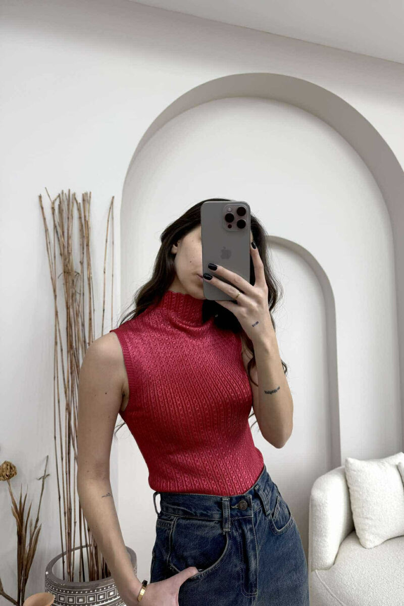 HIGH NECK SHINNY MATERIAL WOMEN TANK TOP RED/E KUQE - 1