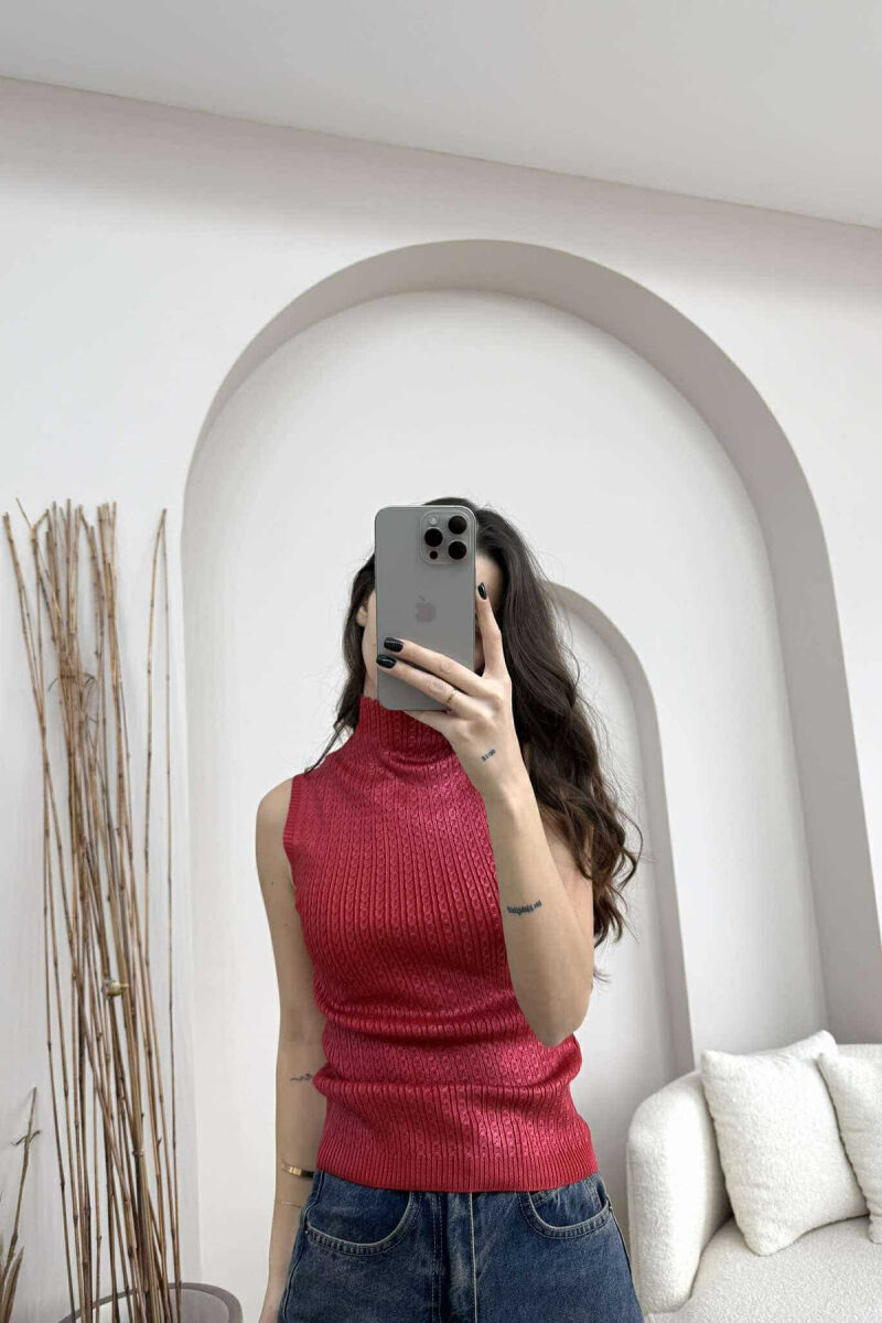 HIGH NECK SHINNY MATERIAL WOMEN TANK TOP RED/E KUQE - 4