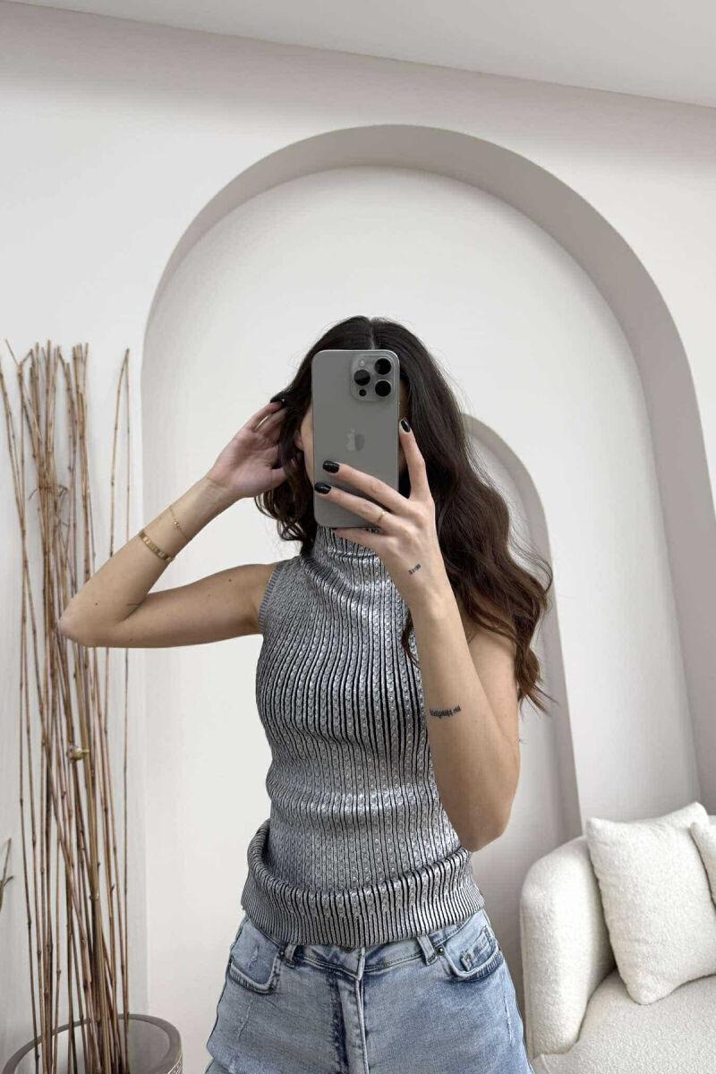 HIGH NECK SHINNY MATERIAL WOMEN TANK TOP SILVER/ARGJEND - 2