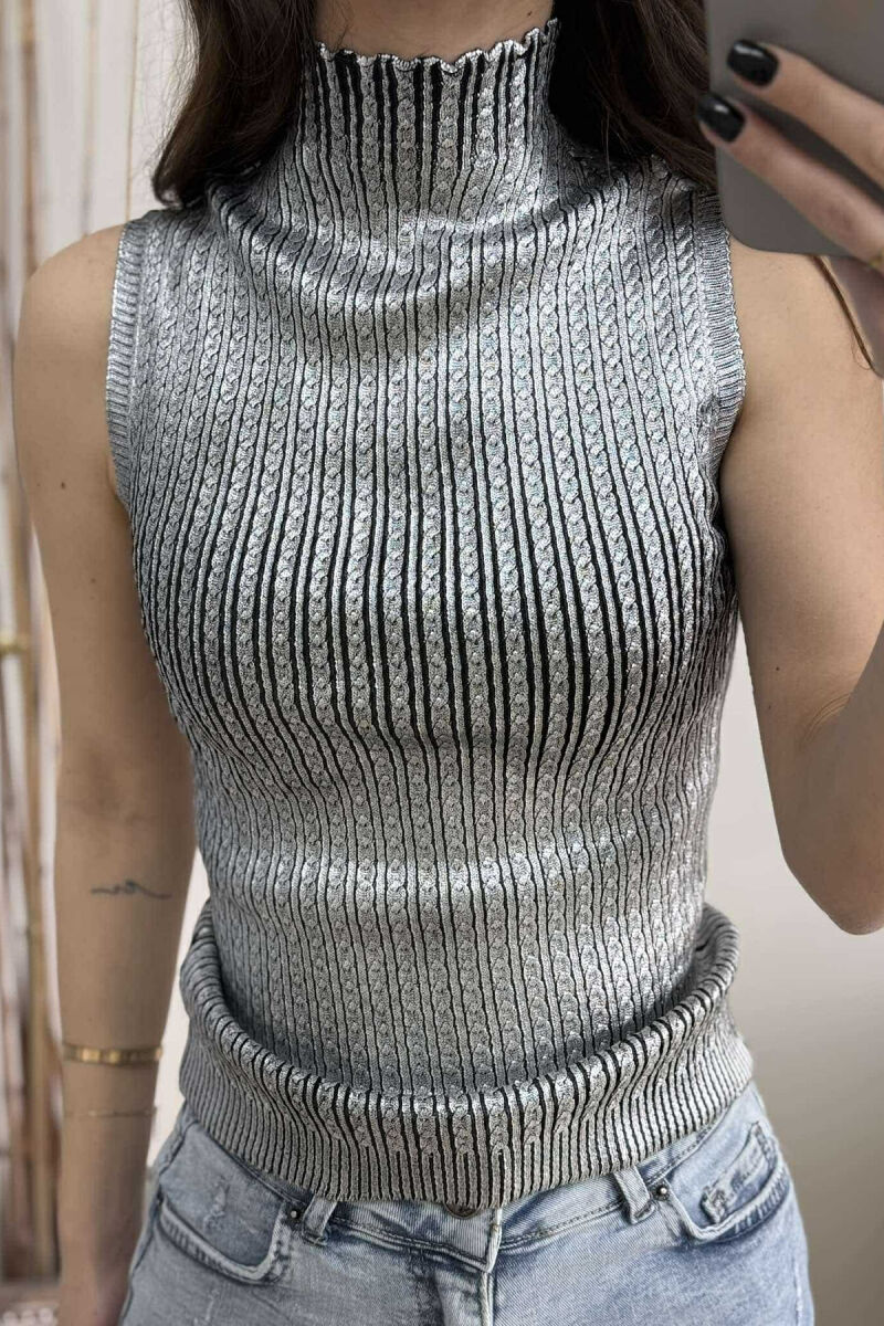 HIGH NECK SHINNY MATERIAL WOMEN TANK TOP SILVER/ARGJEND - 3