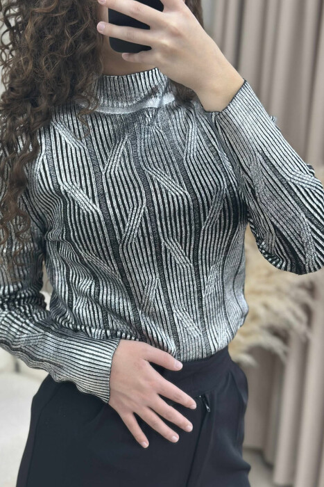 HIGH NECK SHINY MATERIAL WOMEN SWEATER SILVER/ARGJEND - 2