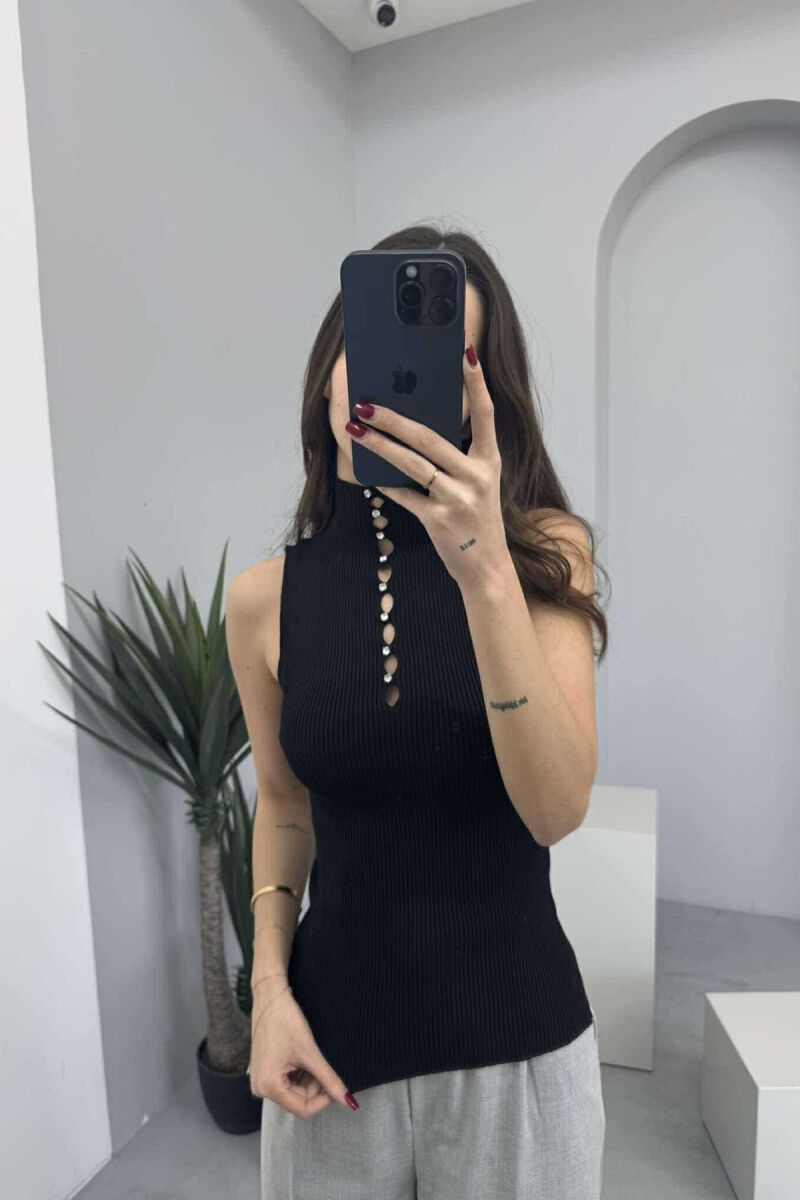 HIGH NECK SHINY STONES WOMEN TANK TOP BLACK/ E ZEZE - 2
