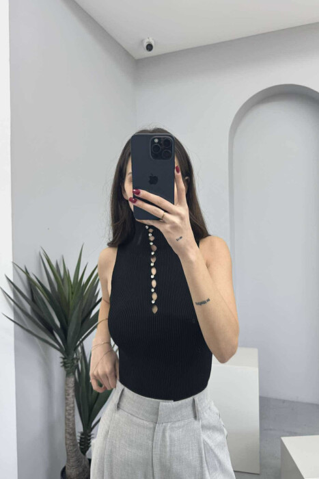 HIGH NECK SHINY STONES WOMEN TANK TOP BLACK/ E ZEZE 