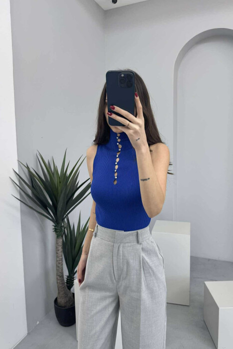 HIGH NECK SHINY STONES WOMEN TANK TOP BLUE/BLU 