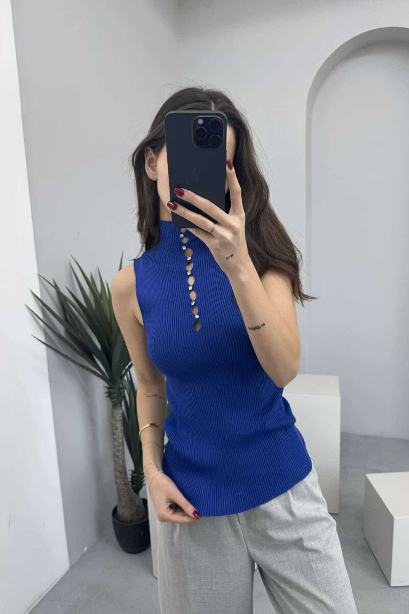 HIGH NECK SHINY STONES WOMEN TANK TOP BLUE/BLU - 2