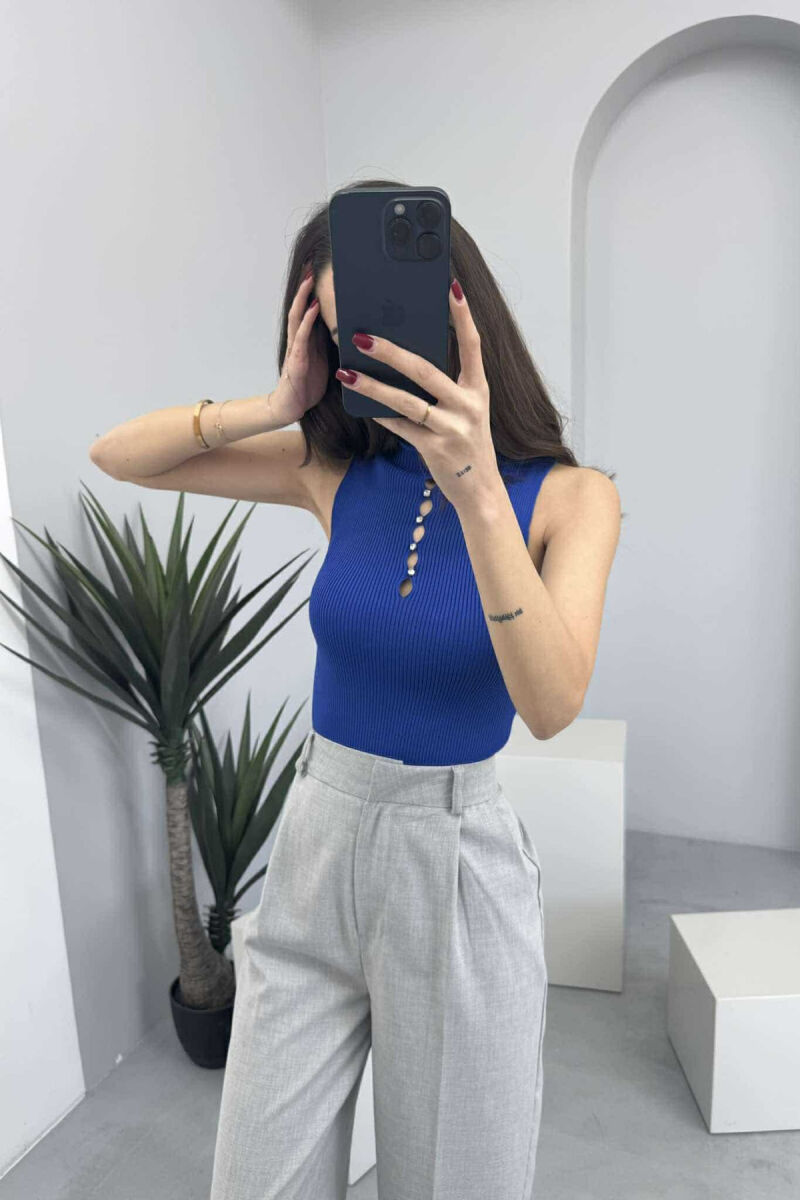 HIGH NECK SHINY STONES WOMEN TANK TOP BLUE/BLU - 3