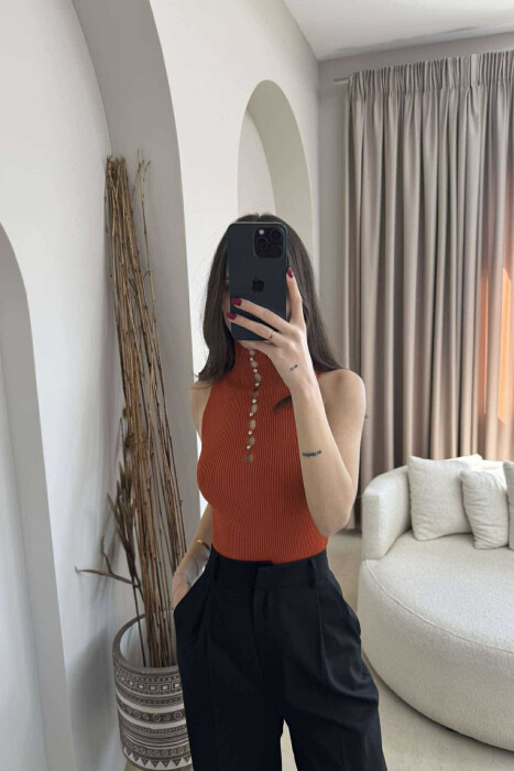 HIGH NECK SHINY STONES WOMEN TANK TOP BRICK/TULLE 