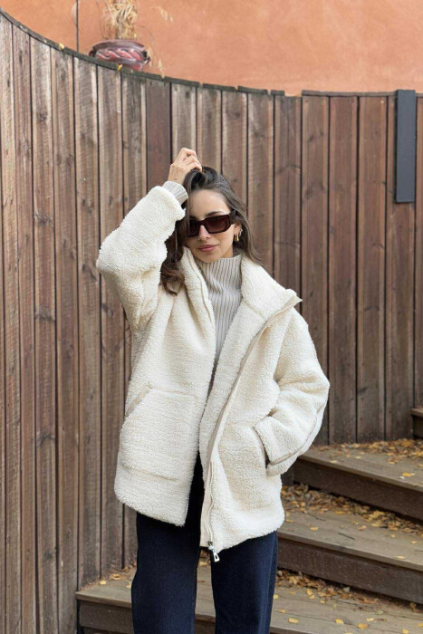 HIGH NECK SIMPLE FLUFFY WOMEN JACKET CREAM/KREM - 3