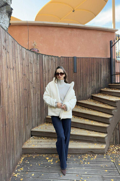 HIGH NECK SIMPLE FLUFFY WOMEN JACKET CREAM/KREM - 2