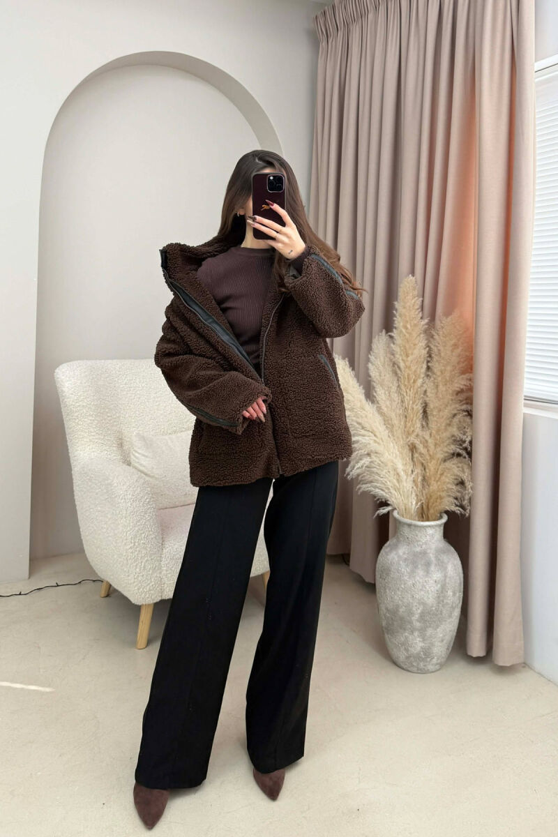 HIGH NECK SIMPLE FLUFFY WOMEN JACKET DARK BROWN/KAE - 1