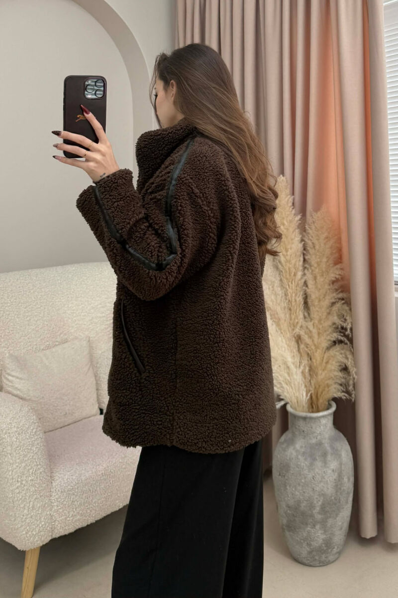 HIGH NECK SIMPLE FLUFFY WOMEN JACKET DARK BROWN/KAE - 2