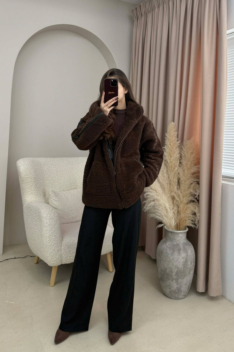 HIGH NECK SIMPLE FLUFFY WOMEN JACKET DARK BROWN/KAE - 3