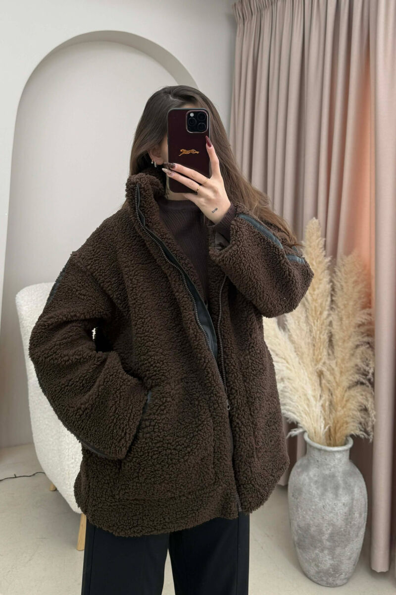 HIGH NECK SIMPLE FLUFFY WOMEN JACKET DARK BROWN/KAE - 4
