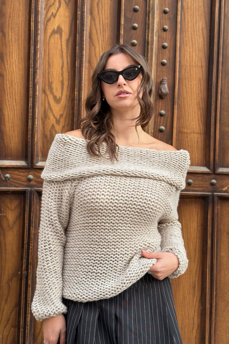 HIGH NECK SIMPLE KNITTED WOMEN SWEATER BEIGE/BEZHE - 3